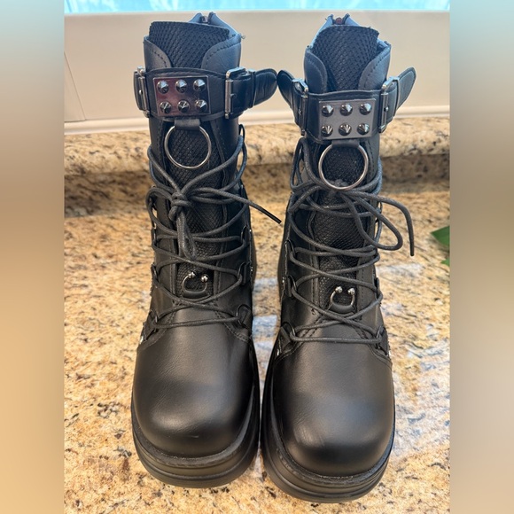 Black Platform Combat Boots – Studded Buckle & Lace-Up – Chunky Goth / Size W10 - Picture 4 of 8